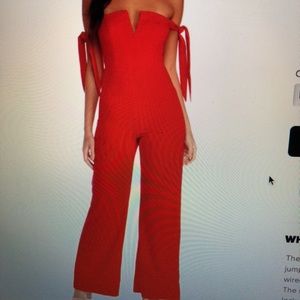 red off the shoulder jumpsuit